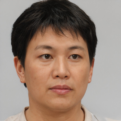 Neutral asian young-adult female with short  brown hair and brown eyes
