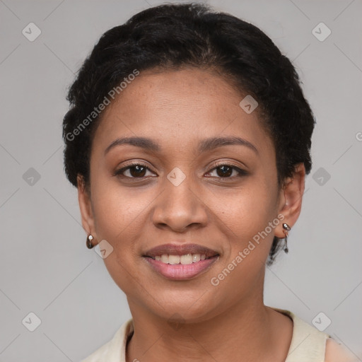 Joyful latino young-adult female with short  brown hair and brown eyes