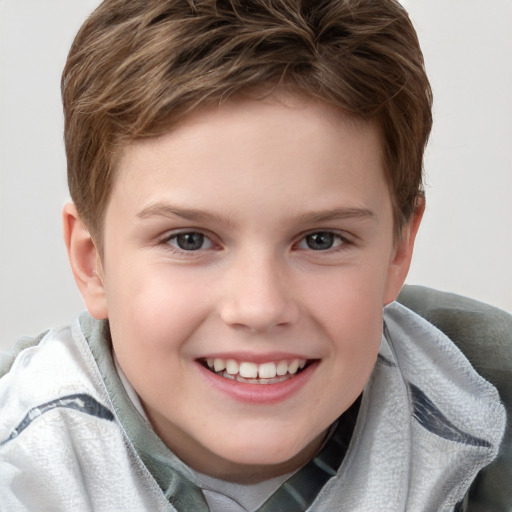 Joyful white child female with short  brown hair and brown eyes