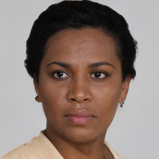 Neutral latino young-adult female with short  black hair and brown eyes