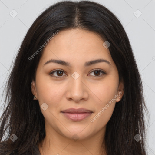 Joyful latino young-adult female with long  brown hair and brown eyes