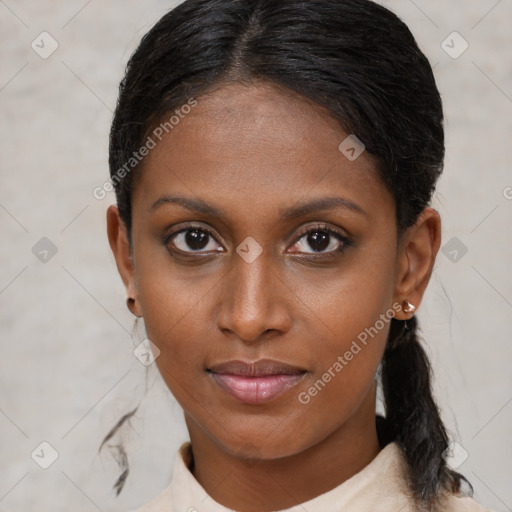 Neutral black young-adult female with short  brown hair and brown eyes