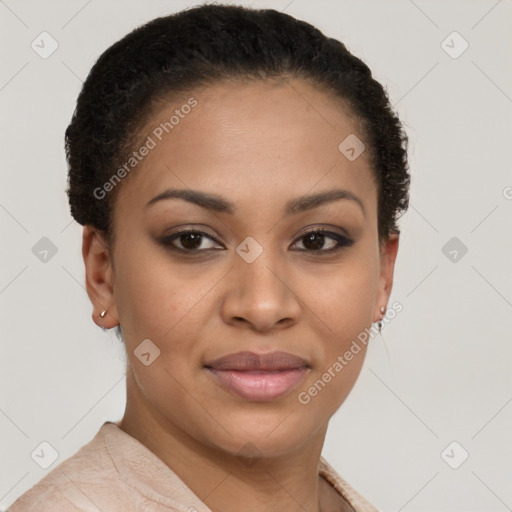 Joyful latino young-adult female with short  brown hair and brown eyes