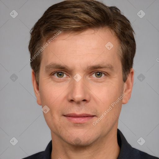 Joyful white adult male with short  brown hair and grey eyes