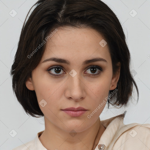 Neutral white young-adult female with medium  brown hair and brown eyes