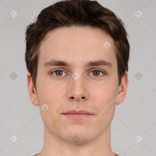 Neutral white young-adult male with short  brown hair and brown eyes