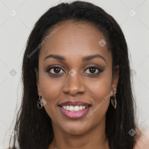 Joyful latino young-adult female with long  brown hair and brown eyes