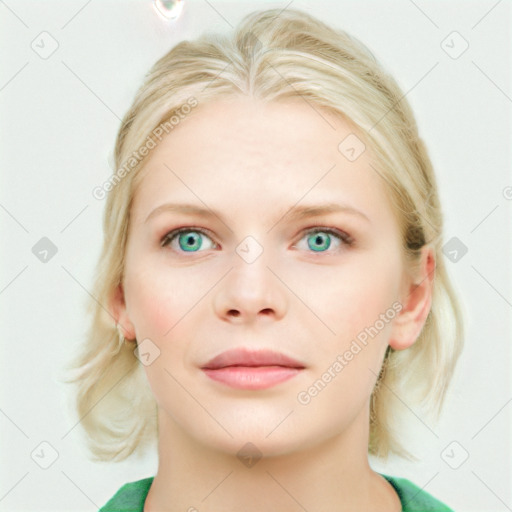 Joyful white young-adult female with medium  brown hair and blue eyes