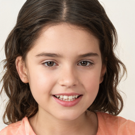 Joyful white child female with medium  brown hair and brown eyes