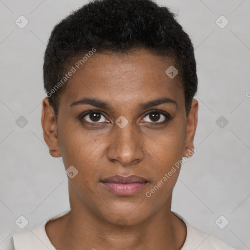 Joyful black young-adult female with short  brown hair and brown eyes