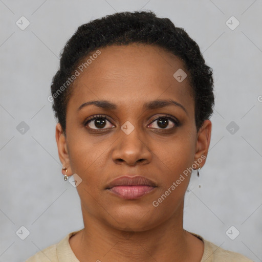 Joyful black young-adult female with short  brown hair and brown eyes