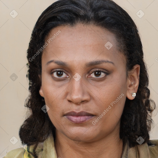 Neutral black young-adult female with medium  brown hair and brown eyes