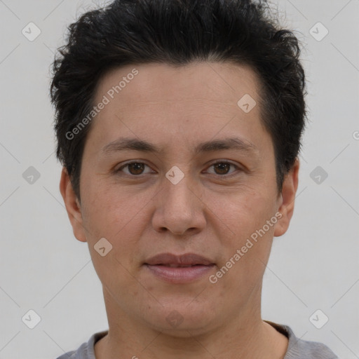 Joyful white adult female with short  brown hair and brown eyes