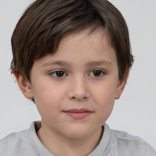 Joyful white child female with short  brown hair and brown eyes