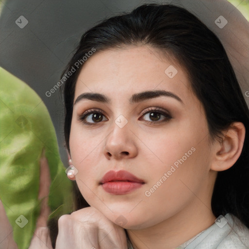 Neutral white young-adult female with medium  brown hair and brown eyes