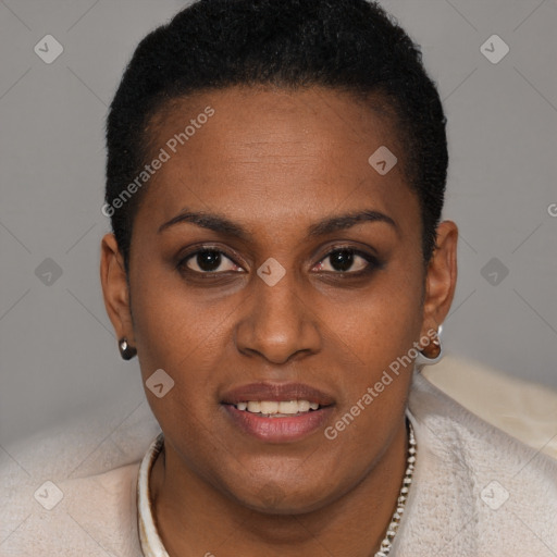 Joyful black young-adult female with short  brown hair and brown eyes