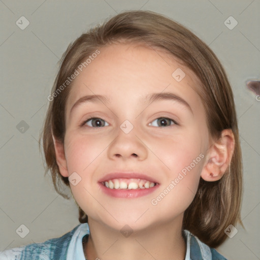 Joyful white child female with medium  brown hair and grey eyes