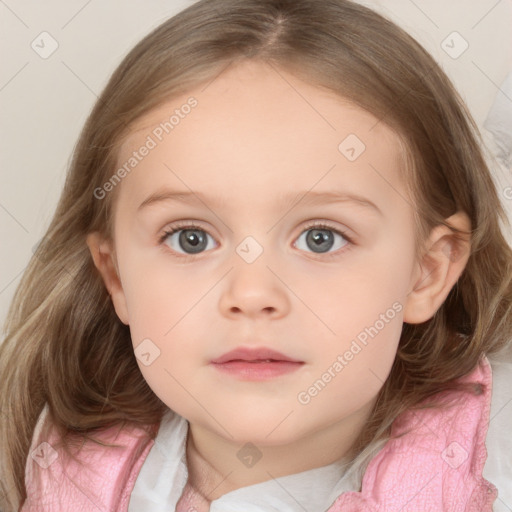 Neutral white child female with medium  brown hair and grey eyes