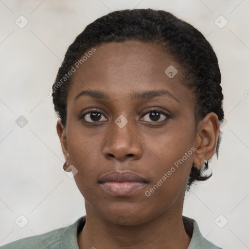 Neutral black young-adult female with short  brown hair and brown eyes