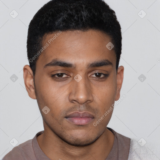 Neutral latino young-adult male with short  black hair and brown eyes