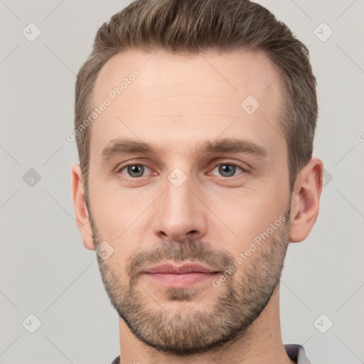 Neutral white young-adult male with short  brown hair and brown eyes