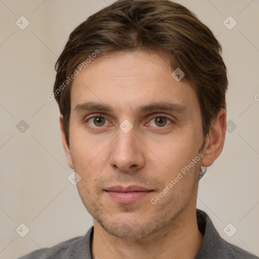 Neutral white young-adult male with short  brown hair and grey eyes