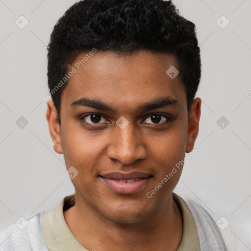 Joyful black young-adult male with short  black hair and brown eyes