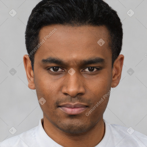 Neutral latino young-adult male with short  black hair and brown eyes