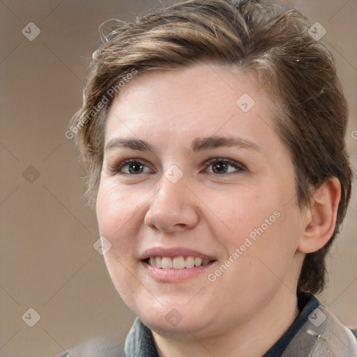 Joyful white young-adult female with medium  brown hair and brown eyes