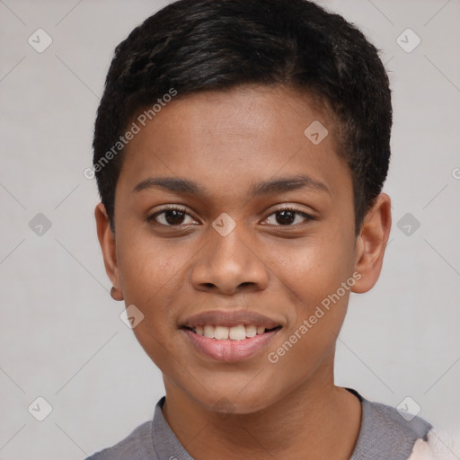 Joyful black young-adult male with short  brown hair and brown eyes