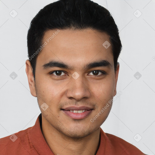 Joyful latino young-adult male with short  black hair and brown eyes