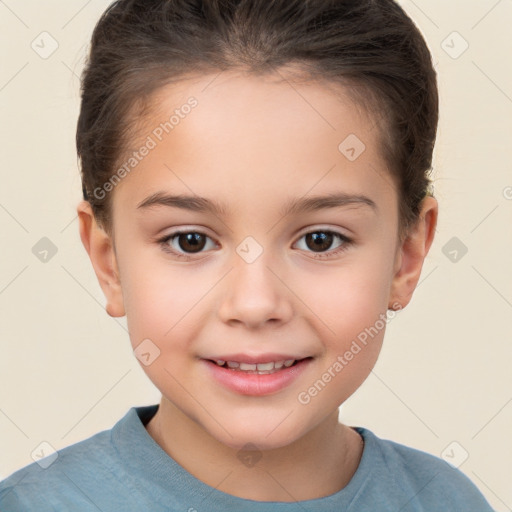 Joyful white child female with short  brown hair and brown eyes