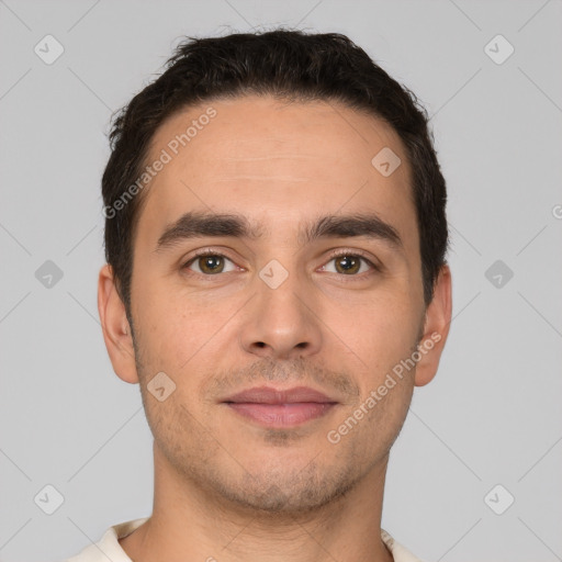 Joyful white young-adult male with short  brown hair and brown eyes