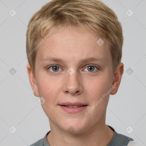 Joyful white young-adult female with short  brown hair and grey eyes