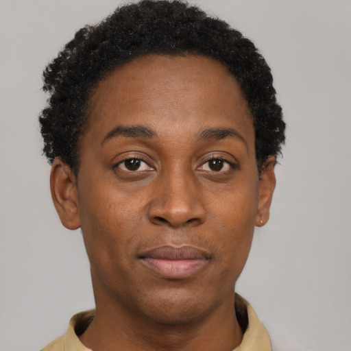Joyful black young-adult female with short  brown hair and brown eyes