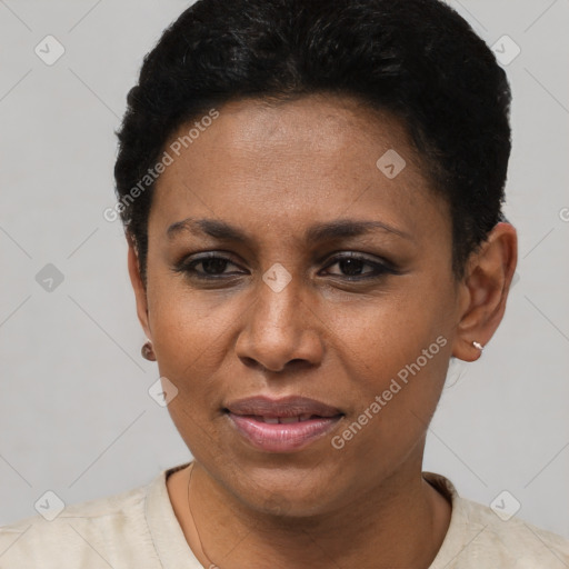 Joyful latino young-adult female with short  black hair and brown eyes