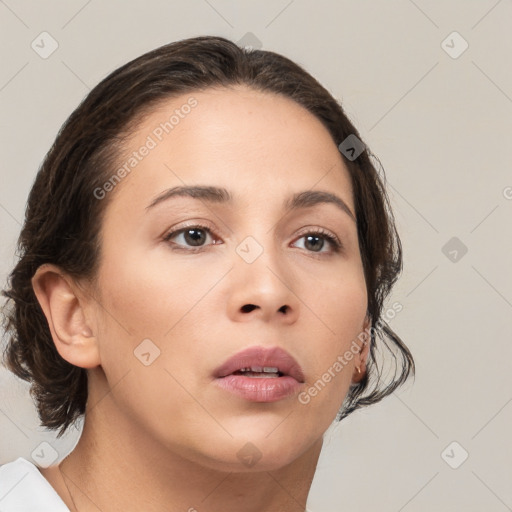 Neutral white young-adult female with medium  brown hair and brown eyes