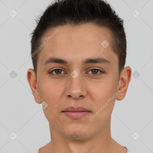 Neutral white young-adult male with short  brown hair and brown eyes