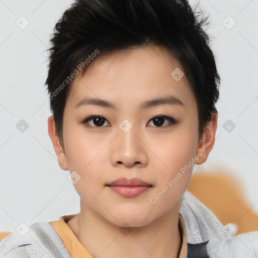 Neutral asian young-adult female with short  black hair and brown eyes