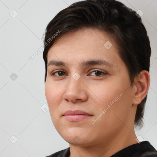 Joyful white young-adult female with short  brown hair and brown eyes