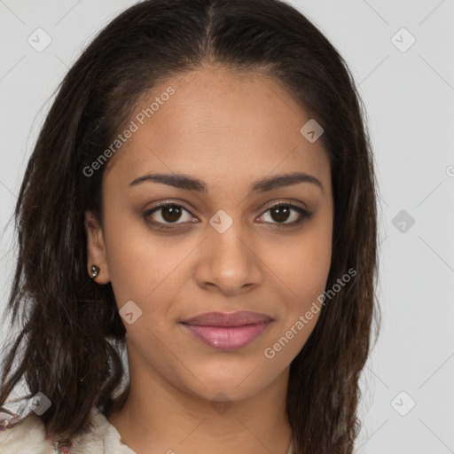 Joyful latino young-adult female with long  brown hair and brown eyes