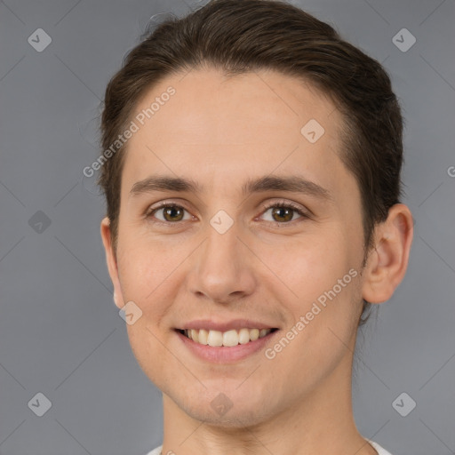 Joyful white young-adult female with short  brown hair and brown eyes