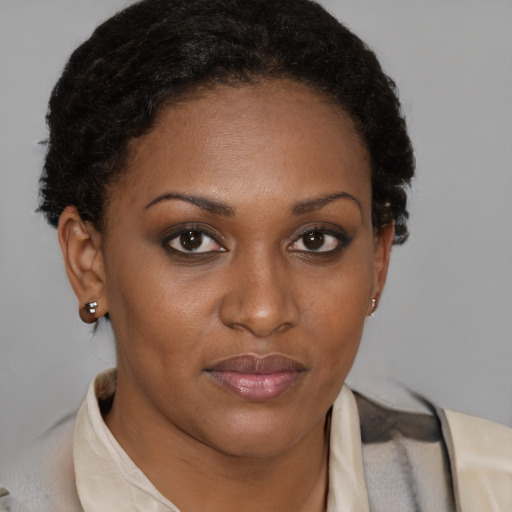 Joyful black young-adult female with short  brown hair and brown eyes
