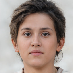 Neutral white young-adult female with short  brown hair and brown eyes