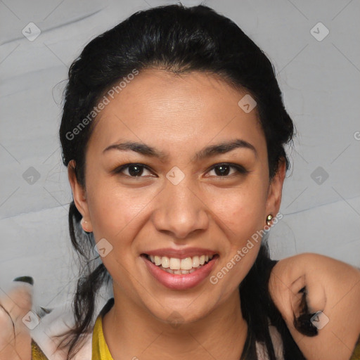 Joyful white young-adult female with medium  black hair and brown eyes