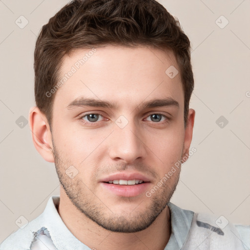 Neutral white young-adult male with short  brown hair and grey eyes