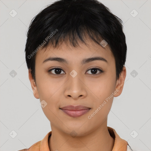 Joyful asian young-adult female with short  brown hair and brown eyes
