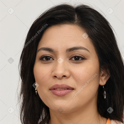 Joyful asian young-adult female with long  brown hair and brown eyes