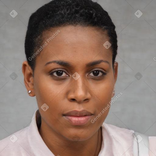 Neutral black young-adult female with short  brown hair and brown eyes