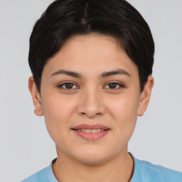 Joyful asian young-adult female with short  brown hair and brown eyes